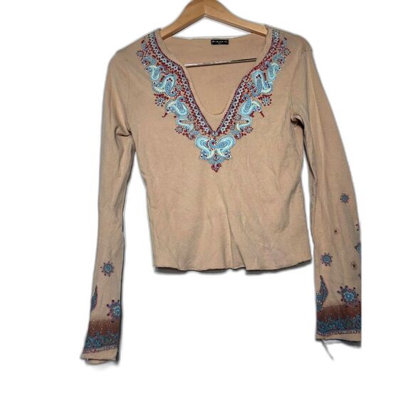 FANG y2k blouse t shirt long sleeve brown boho beaded western southwestern large - Picture 1 of 4